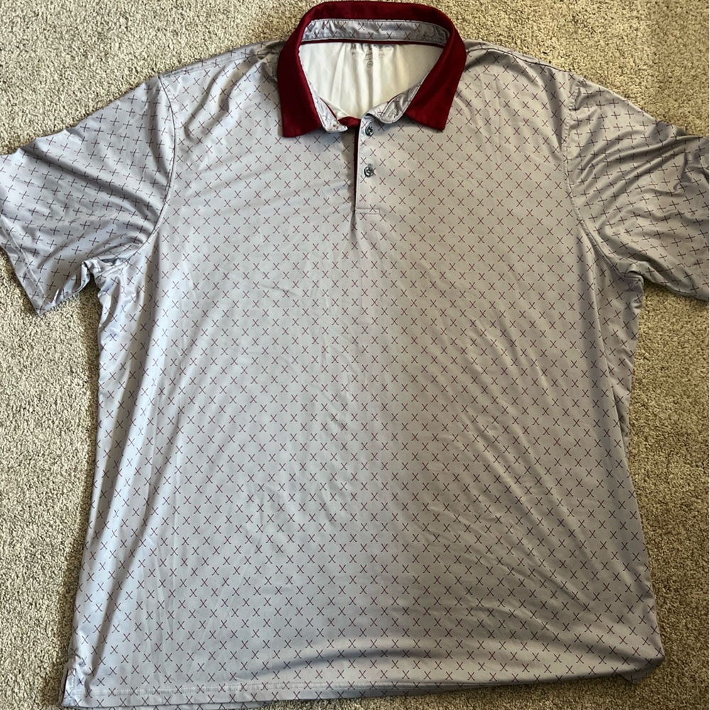 Maelreg Men's Light Gray Patterned Performance Polo with Burgundy Collar 3XL
